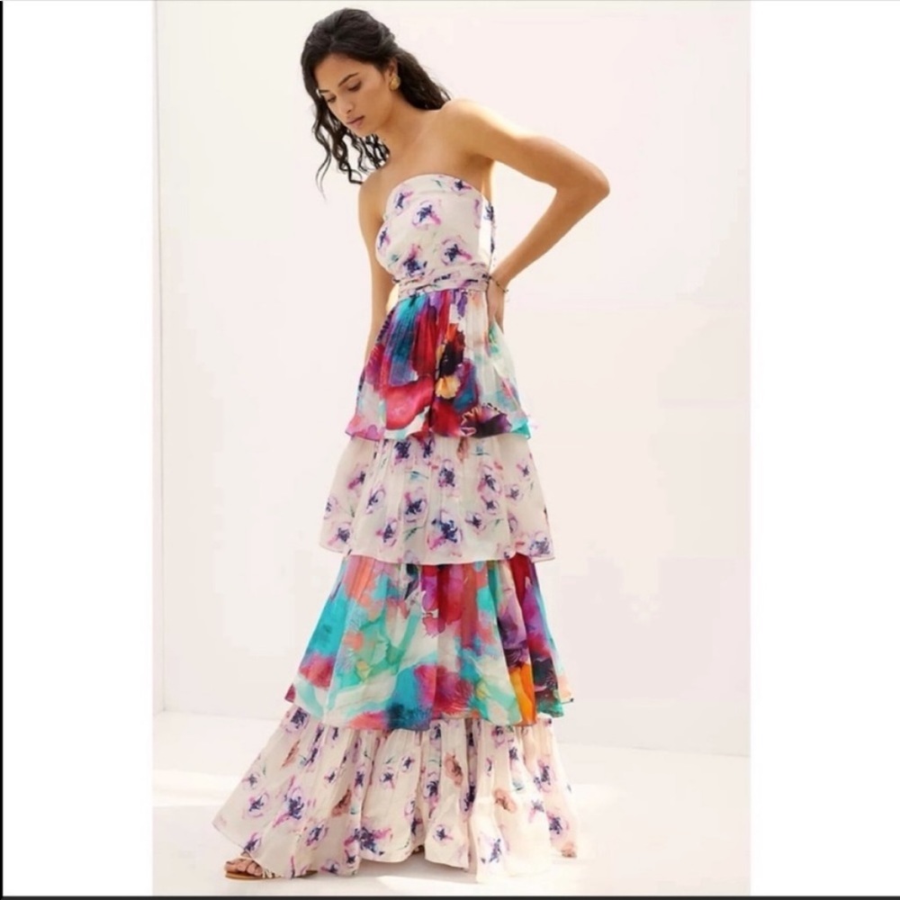 NWT ANTHROPOLOGIE Nidhi Yasha Guinevere Watercolor Strapless Tiers Maxi Dress 4